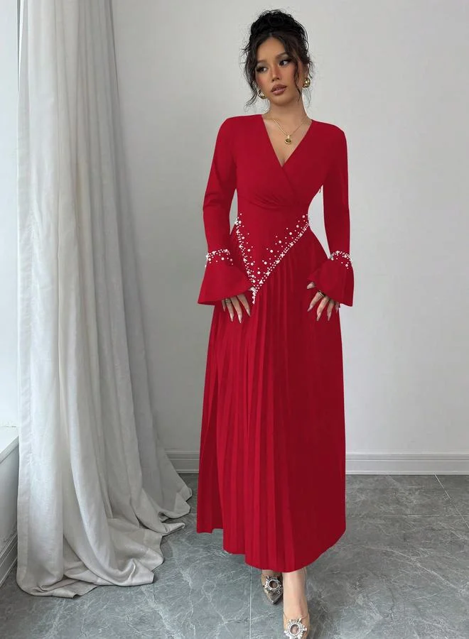 تايك تو Women Faux Pearl Embellished Pleated Maxi Dress