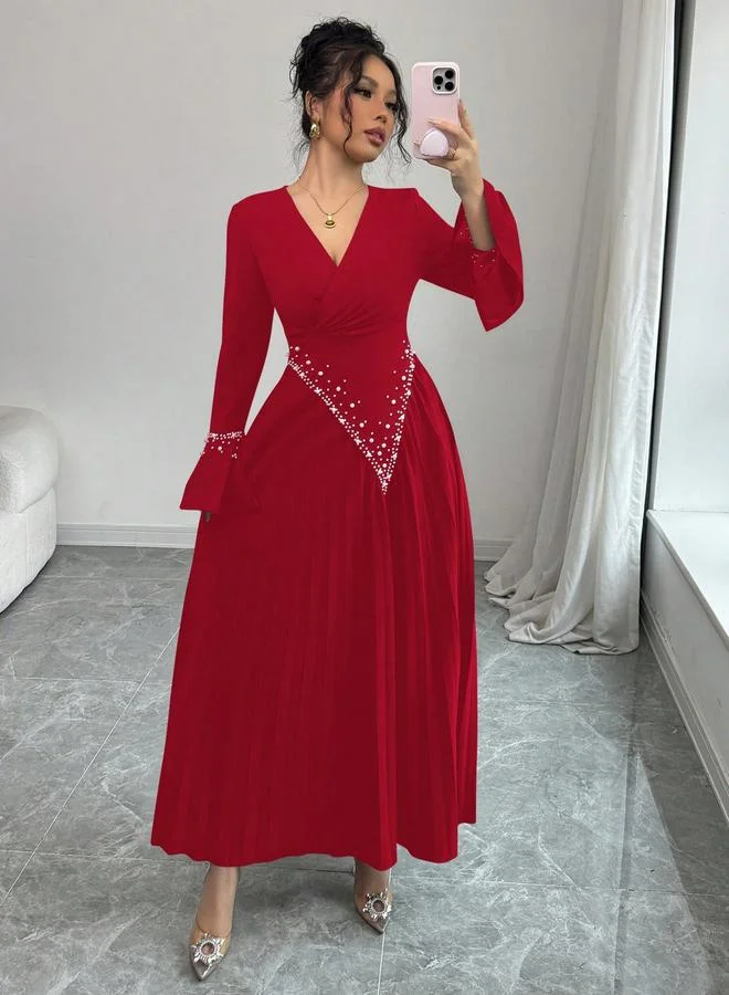 تايك تو Women Faux Pearl Embellished Pleated Maxi Dress