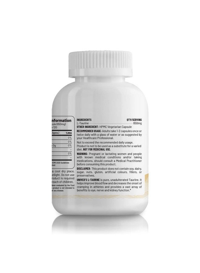 Unived L-Taurine 650mg | Training Performance, Cardiovascular, Nerve & Liver Health | Single Ingredient, Flavorless & Caffeine Free | 120 Vegan Capsules - Image 3
