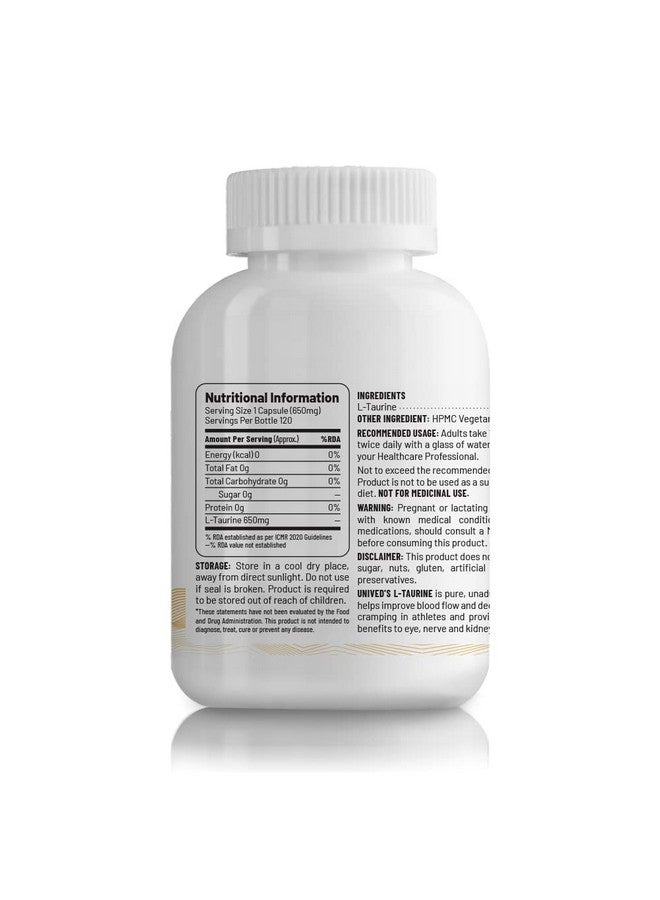 Unived L-Taurine 650mg | Training Performance, Cardiovascular, Nerve & Liver Health | Single Ingredient, Flavorless & Caffeine Free | 120 Vegan Capsules - Image 2