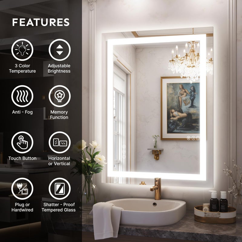 Kosmonia 24x32 LED Bathroom Mirror with Lights â€“ Anti-Fog, Dimmable, Backlit & Front Lit Lighted Vanity Mirror for Wall â€“ Smart Bathroom Mirror with Memory Function, Shatterproof Tempered Glass - Image 3