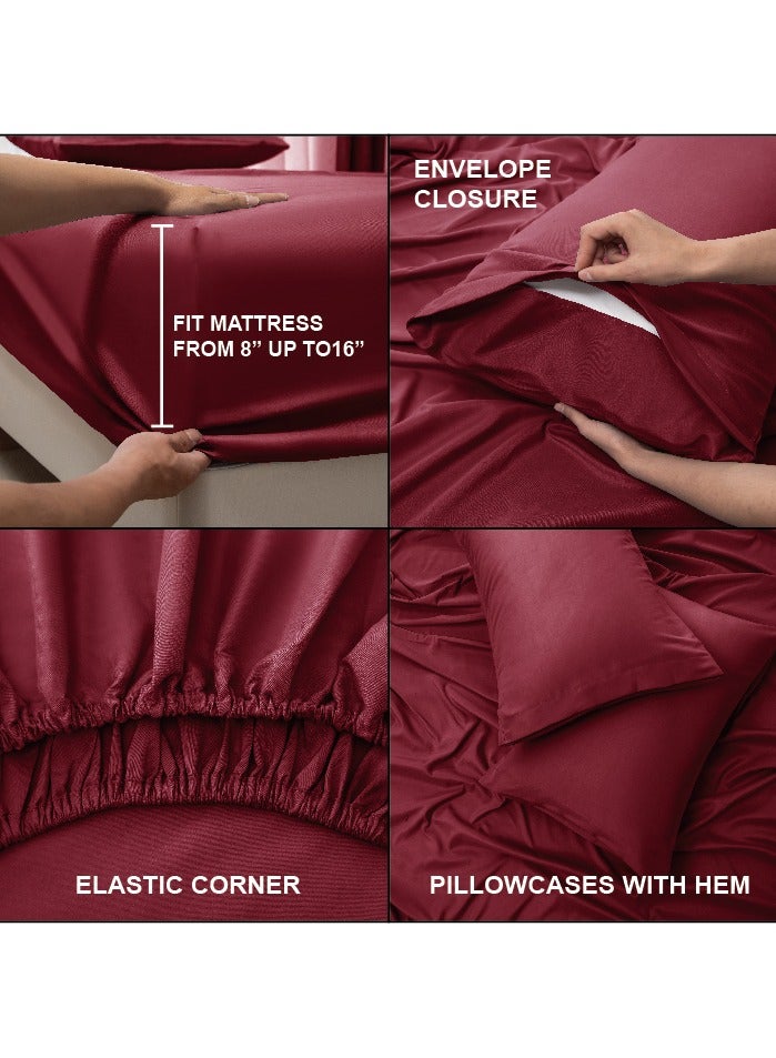 Panax Bedding Queen Bed Sheets Set - 4 Piece Bedding - Brushed Microfiber - Shrinkage and Fade Resistant - Easy Care (Burgandy, Queen) - Image 4