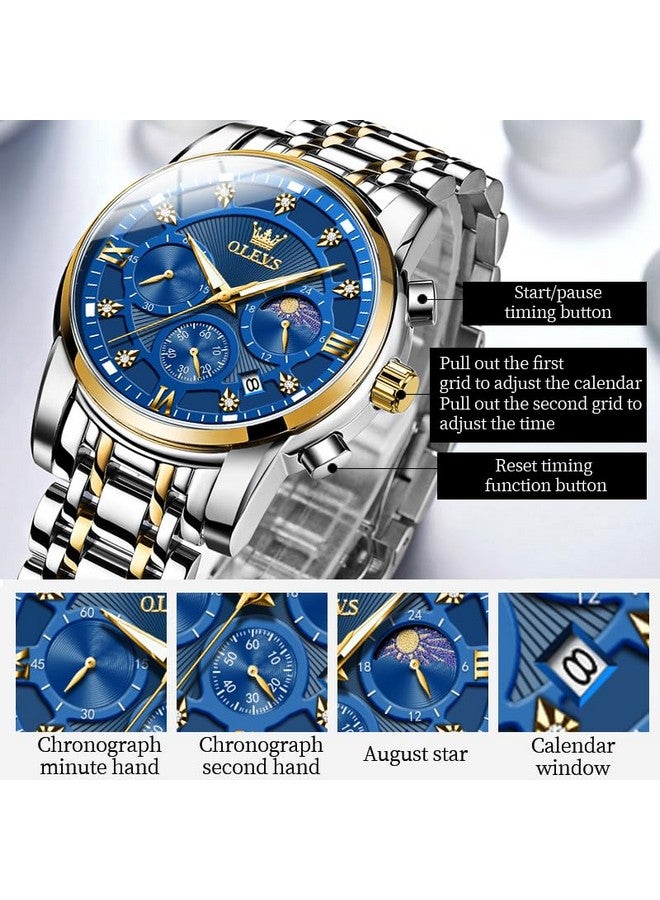 OLEVS Men's Blue Chronograph Calendar Diamond Watches Moon Phase Analog Quartz Display Luxury Stainless Steel Waterproof Luminous Watch for Men