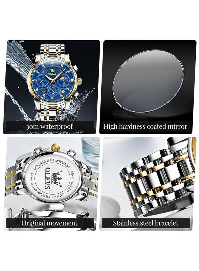OLEVS Men's Blue Chronograph Calendar Diamond Watches Moon Phase Analog Quartz Display Luxury Stainless Steel Waterproof Luminous Watch for Men
