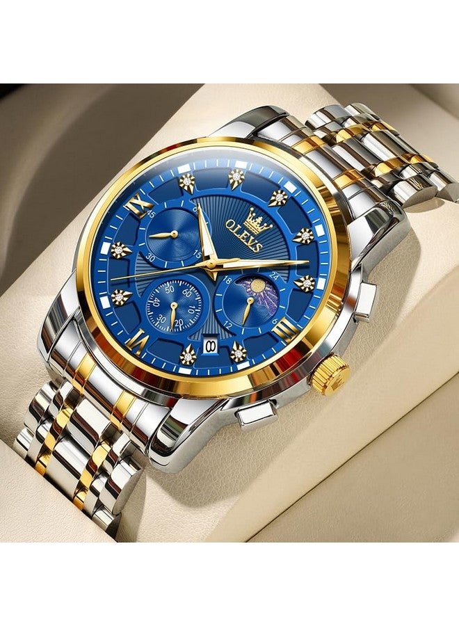 OLEVS Men's Blue Chronograph Calendar Diamond Watches Moon Phase Analog Quartz Display Luxury Stainless Steel Waterproof Luminous Watch for Men