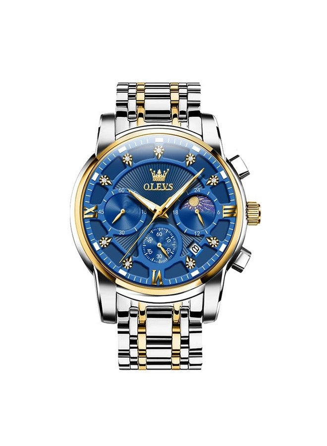 OLEVS Men's Blue Chronograph Calendar Diamond Watches Moon Phase Analog Quartz Display Luxury Stainless Steel Waterproof Luminous Watch for Men