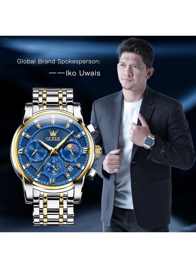 OLEVS Men's Blue Chronograph Calendar Diamond Watches Moon Phase Analog Quartz Display Luxury Stainless Steel Waterproof Luminous Watch for Men