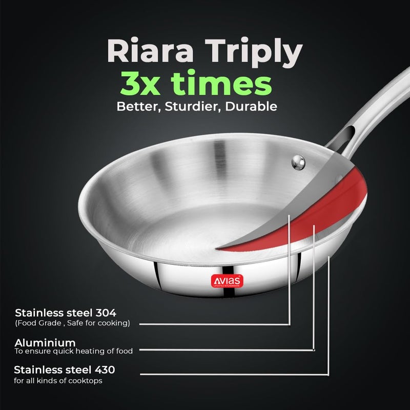 AVIAS Riara Triply Fry Pan | 5 Years Warranty | Stainless Steel Fry Pan, Skillet, Steel Casted Handles, 2.5 Mm Thickness, Triply Stainless Steel Frying Pan, 1.25 Litre, 22cm - Image 2