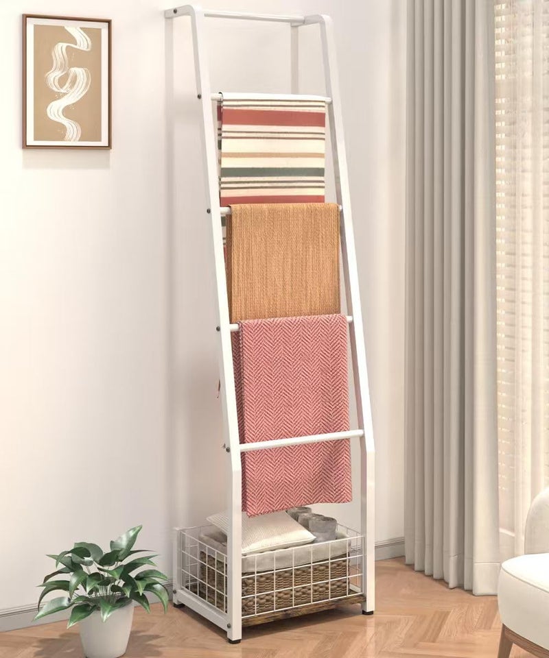 Ansionsol 6.3ft Blanket Ladder with Storage Basket, 5 Tier Decorative Ladder Shelf Stand for Living Room & Bedroom, Wall-Leaning Blanket Holder Quilt Rack for Home DÃ©cor, Rustic Brown & White - Image 1
