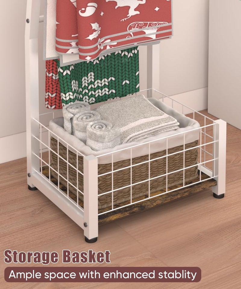 Ansionsol 6.3ft Blanket Ladder with Storage Basket, 5 Tier Decorative Ladder Shelf Stand for Living Room & Bedroom, Wall-Leaning Blanket Holder Quilt Rack for Home DÃ©cor, Rustic Brown & White - Image 2