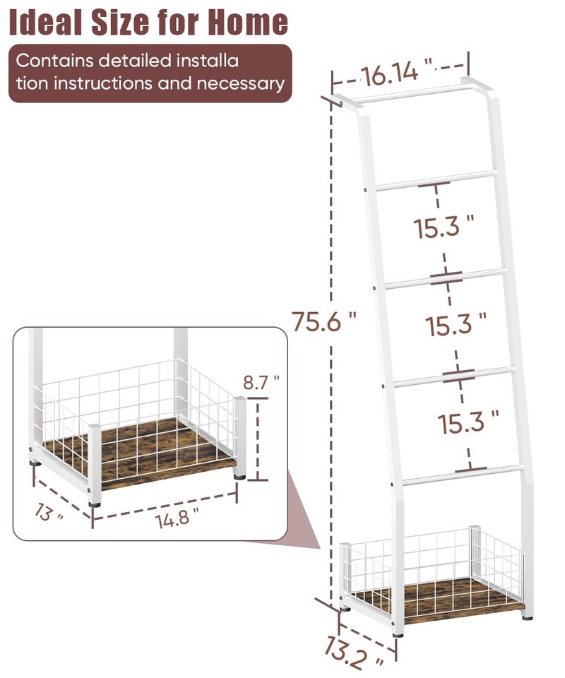 Ansionsol 6.3ft Blanket Ladder with Storage Basket, 5 Tier Decorative Ladder Shelf Stand for Living Room & Bedroom, Wall-Leaning Blanket Holder Quilt Rack for Home DÃ©cor, Rustic Brown & White - Image 3
