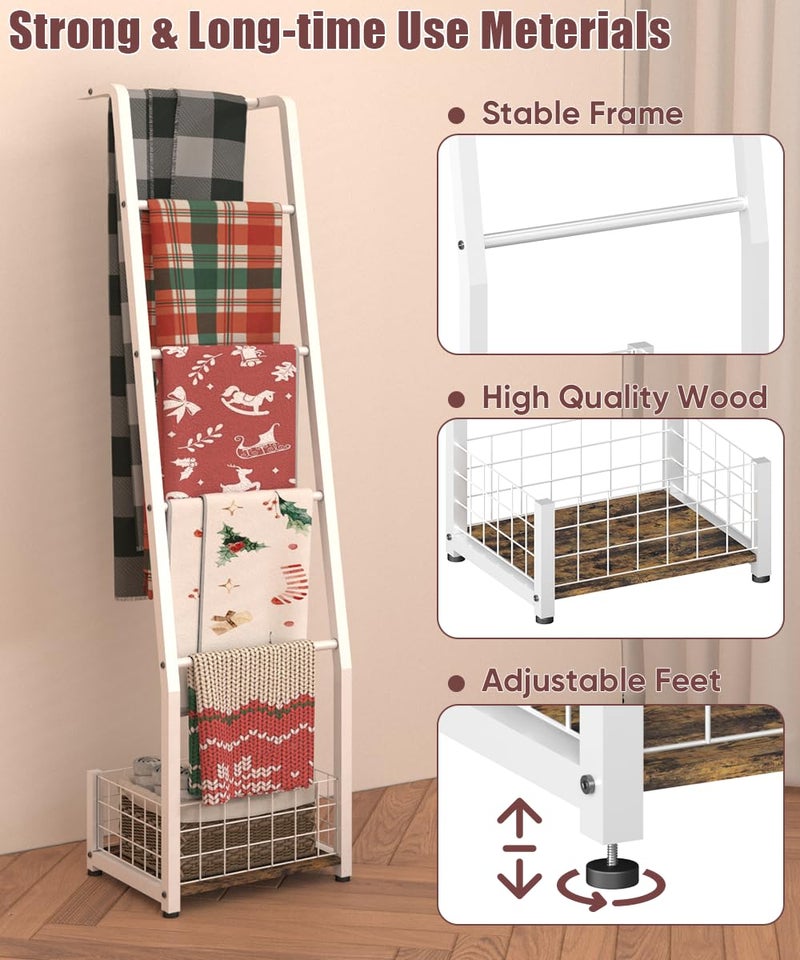 Ansionsol 6.3ft Blanket Ladder with Storage Basket, 5 Tier Decorative Ladder Shelf Stand for Living Room & Bedroom, Wall-Leaning Blanket Holder Quilt Rack for Home DÃ©cor, Rustic Brown & White - Image 4