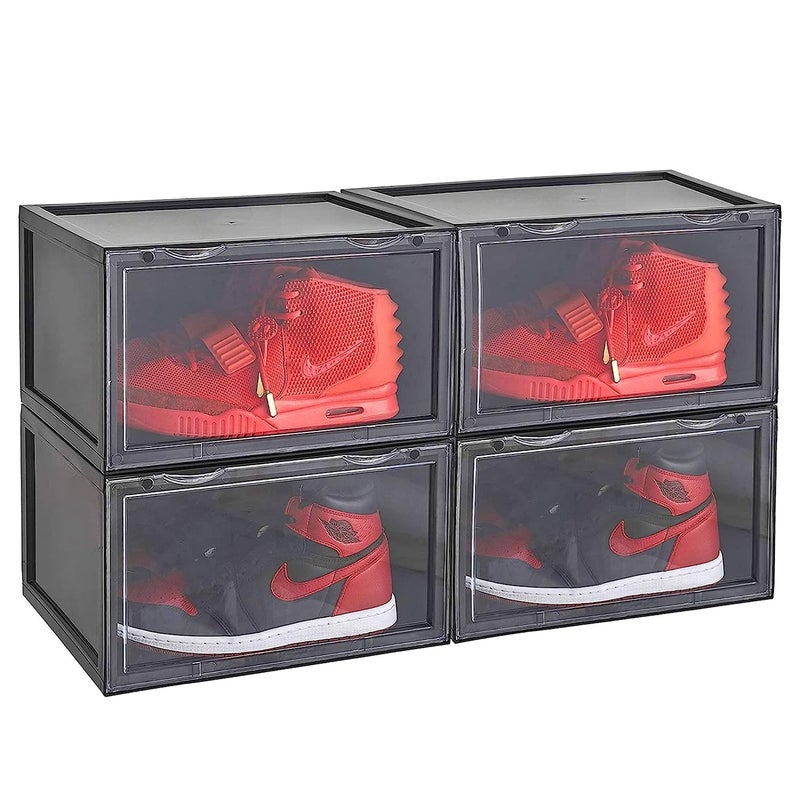 Foscadit Storage Shoes Box Stackable Clear Plastic Organizer for Sneakers Plastic Shoe Rack Side Drop Front Display Foldable Shoes Containers Black Pack Of 2 - Image 1