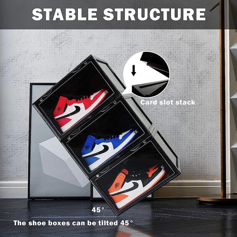 Foscadit Storage Shoes Box Stackable Clear Plastic Organizer for Sneakers Plastic Shoe Rack Side Drop Front Display Foldable Shoes Containers Black Pack Of 2 - Image 4