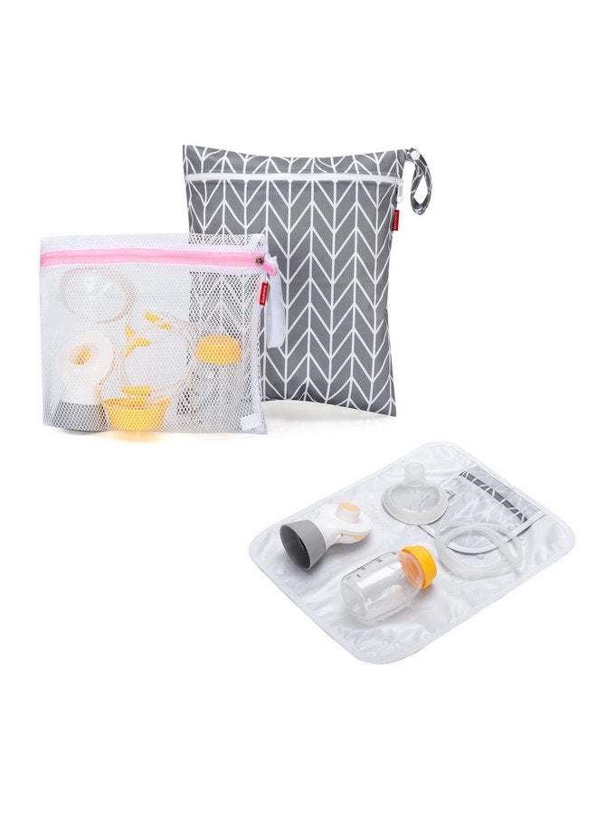 داميرو حقيبة أجزاء مضخة الثدي Damero، حقيبة أجزاء مضخة الثدي الجافة والرطبة، حقيبة ضخ مع حصيرة مقاومة للماء وحقيبة شبكية، سهم رمادي - Image 1