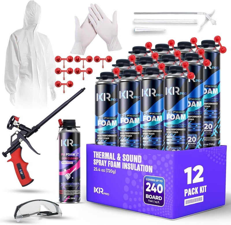ixirpro Spray Foam Insulation Kit (12 PK Kit-25.4oz) Expanding Sealant, Closed Cell Spray Foam Heat Acoustic Insulation, High Density, Cleaner, Gun - Image 1