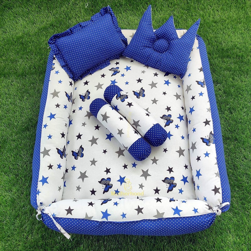 MOTHERHOOD MOTHERHOOD Box Baby Tub Bed and 4 pc Baby Pillow Luxury Baby Mattress Bed Sleeper Bedding Set coSleeper Safe Cotton Fabric with RFilled UltraSoft Comfortable for Newborn to Toddlers Blue - Image 1