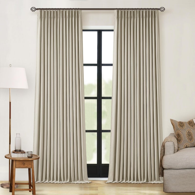 TWODRAPES 90 Inch 100% Blackout Linen Pleated Curtains 2 Panels for Living Room Pinch Pleated Back Tab Black Out Drapes Memory Shape Taupe Heat Reducing Pinch Pleat Window Curtains for Bedroom 90 Inches Long - Image 1