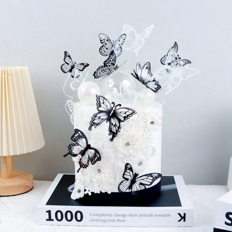 Ercadio 3d 36 Pack Butterfly Cake Toppers Black and White Pvc Butterfly Cake Toppers Mix Style Hollow Arts Butter-fly Cupcake Picks for Baby Shower Birthday Wedding Party Cake Decoration Supplies - Image 4