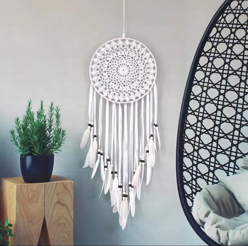 Generic Large Boho Dream Catcher, White Crochet Design with Feathers, Handmade Wall Hanging Decor - Image 1