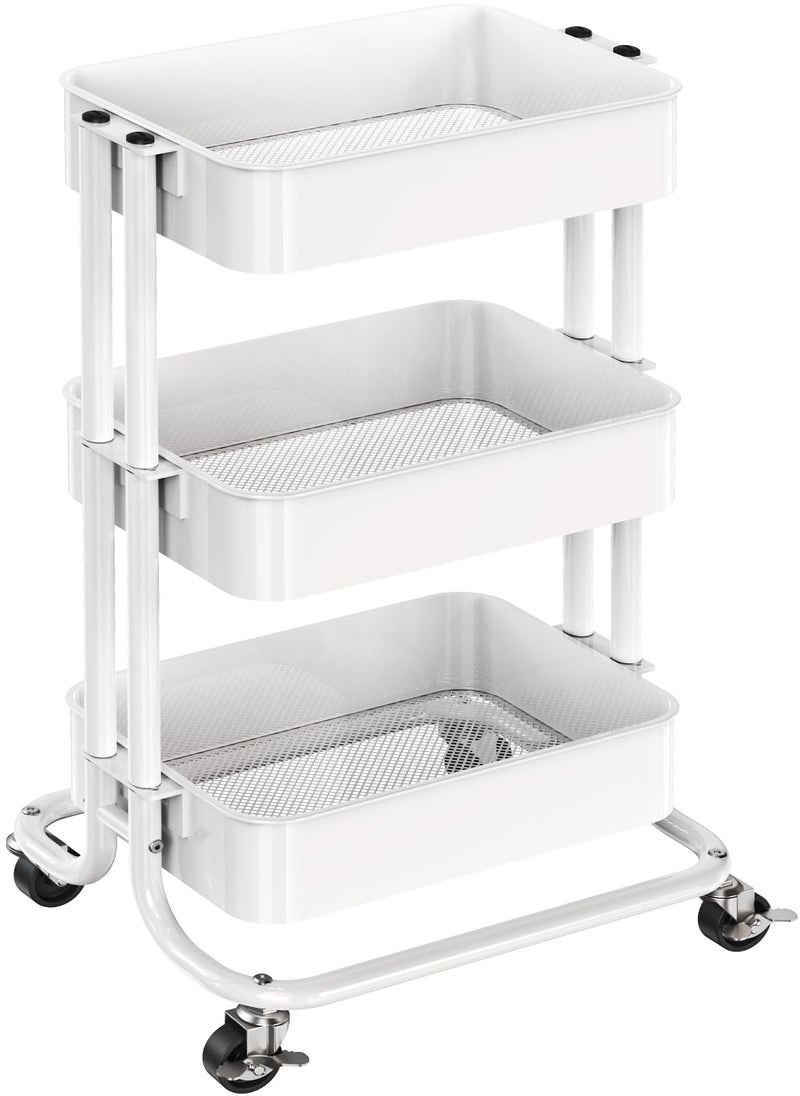Pipishell 3 Tier Metal Rolling Utility Cart HeavyDuty Storage Rolling Cart with 2 Lockable Wheels Multifunctional Mesh Organization Utility Cart for Kitchen Dining Room Living Room White