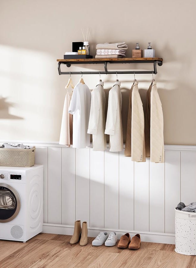 CHOEZON Wall Mounted Clothes Rack, Metal Garment Rack with Top Shelf, Laundry Storage Shelf with Hanging Rod, for Laundry Room, Bedroom, Entryway and Storage Room, Rustic Brown and Black TYM02BF - Image 3