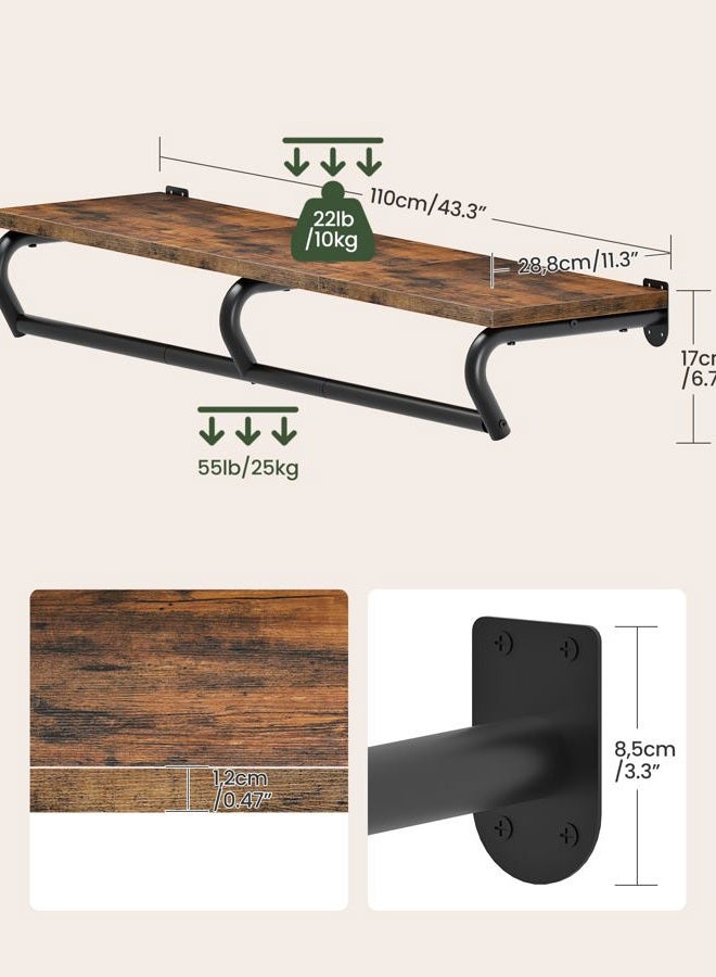 CHOEZON Wall Mounted Clothes Rack, Metal Garment Rack with Top Shelf, Laundry Storage Shelf with Hanging Rod, for Laundry Room, Bedroom, Entryway and Storage Room, Rustic Brown and Black TYM02BF - Image 4