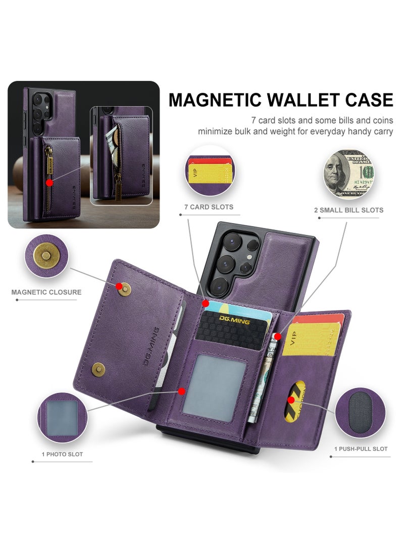 DGMING CaseMe Wallet Case for Samsung Galaxy S24 Ultra DGMING Premium Leather Phone Case Back Cover Magnetic Detachable with Trifold Wallet Card Holder Pocket - Purple  - Image 4