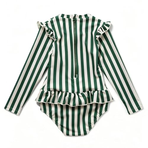 LDIOIF Toddler Girls Long Sleeve Swimsuit One Piece Rash Guard Zipper Bathing Suit Green Striped Swimwear with Ruffles 2-3T - Image 4