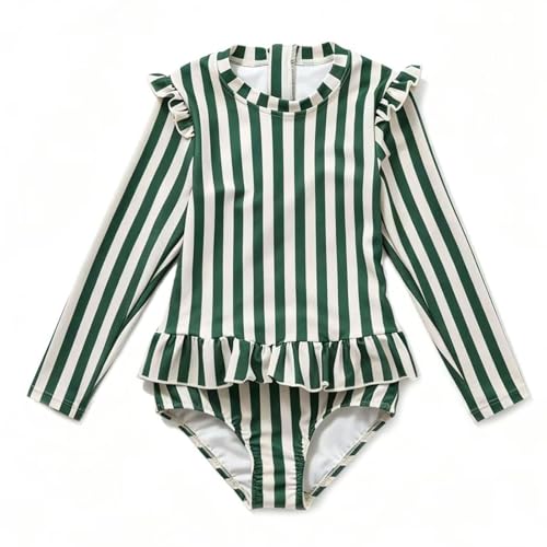 LDIOIF Toddler Girls Long Sleeve Swimsuit One Piece Rash Guard Zipper Bathing Suit Green Striped Swimwear with Ruffles 2-3T - Image 1
