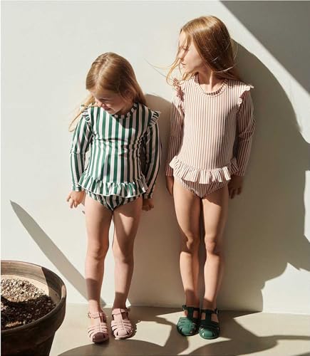 LDIOIF Toddler Girls Long Sleeve Swimsuit One Piece Rash Guard Zipper Bathing Suit Green Striped Swimwear with Ruffles 2-3T - Image 2