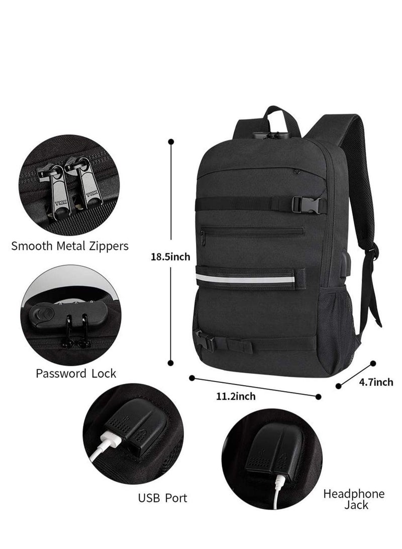 SYOSI Skateboard Backpack, Laptop Backpack Rucksack with USB Charging Port, Anti-Theft Lock, Water Resistant, Fits up to 15.6-17 Inch Laptop, for College School Business Travel Men Boy-Black - Image 3