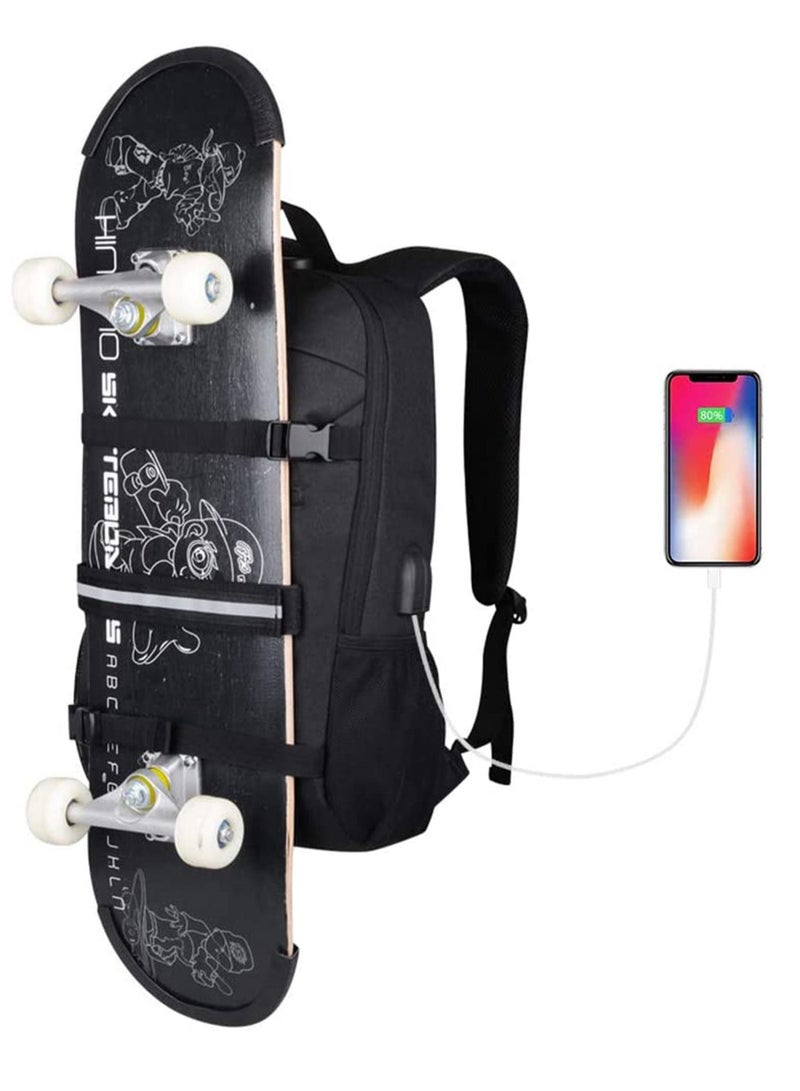 SYOSI Skateboard Backpack, Laptop Backpack Rucksack with USB Charging Port, Anti-Theft Lock, Water Resistant, Fits up to 15.6-17 Inch Laptop, for College School Business Travel Men Boy-Black - Image 1