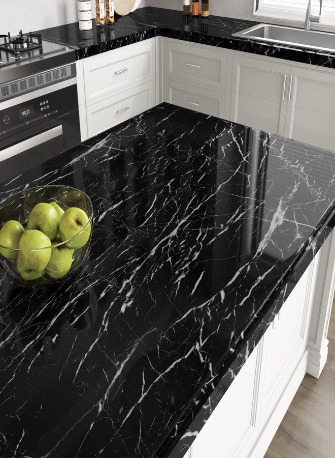Wallercity Glossy Marble Black Contact Paper Peel and Stick Marble Counter Top Stick on Wallpaper for Kitchen Backsplash Vinyl Self Adhesive Wallpaper for Cabinets Desk Dresser Countertops Wall Paper - Image 1