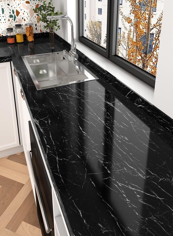 Wallercity Glossy Marble Black Contact Paper Peel and Stick Marble Counter Top Stick on Wallpaper for Kitchen Backsplash Vinyl Self Adhesive Wallpaper for Cabinets Desk Dresser Countertops Wall Paper - Image 2
