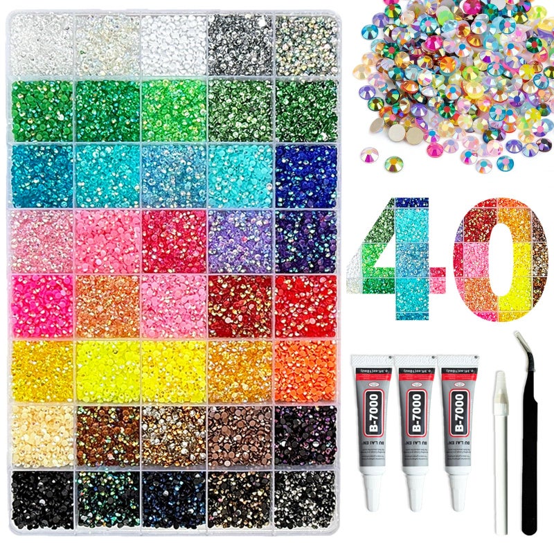 CXPHT 36000Pcs Resin Jelly Rhinestones for Bedazzling,40 Colors 3mm Flatback Gems Bedazzling Kit with 3Pcs 10ml B7000 Glue for Clothing Nail Art Shoes Crafting Makeup (40 Colors+3 Pcs Glue) - Image 1