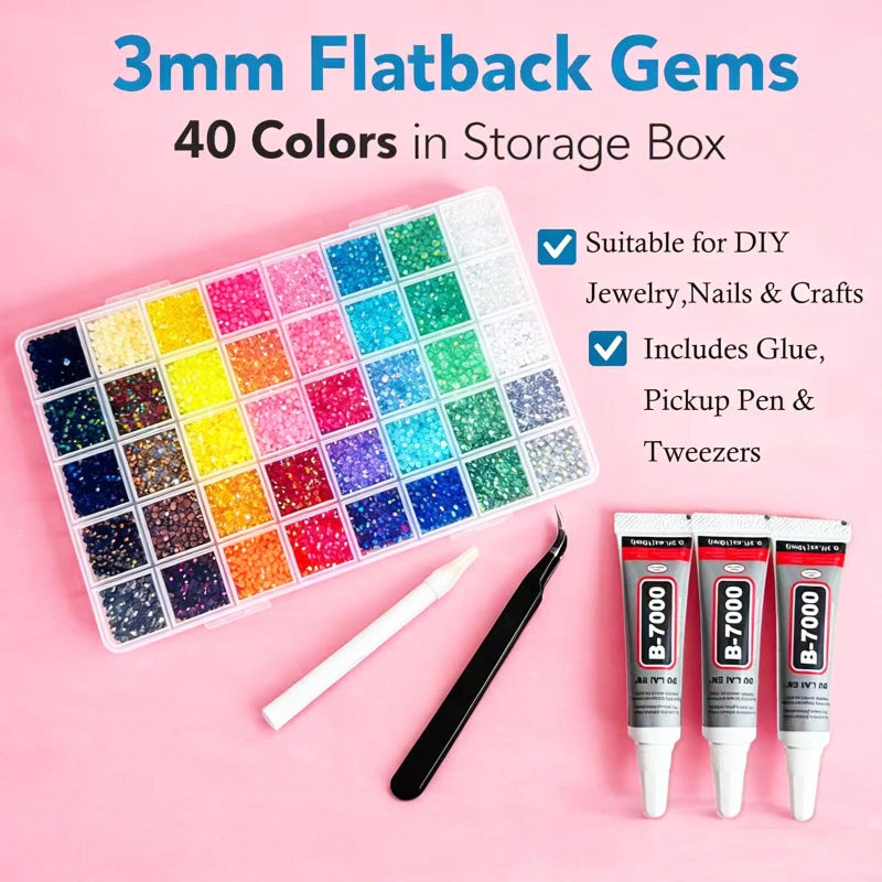 CXPHT 36000Pcs Resin Jelly Rhinestones for Bedazzling,40 Colors 3mm Flatback Gems Bedazzling Kit with 3Pcs 10ml B7000 Glue for Clothing Nail Art Shoes Crafting Makeup (40 Colors+3 Pcs Glue) - Image 2