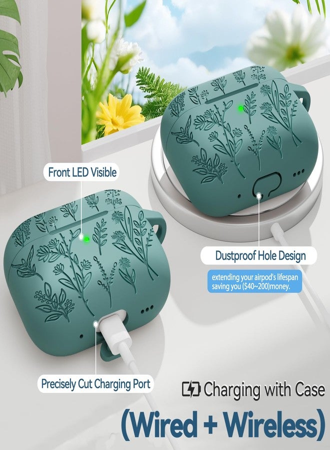 Ekoonpft Flower Engraved Case for Apple AirPods Pro 2 Gen,Soft Silicone Protective Cover for AirPods Pro 2nd/1st Generation Case Cute Airpod Case with Keychain for Women,Front LED Visible,Pine Green - Image 4