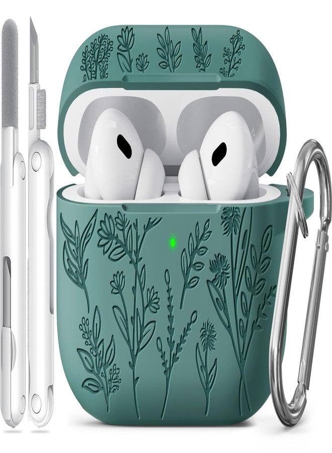 Ekoonpft Flower Engraved Case for Apple AirPods Pro 2 Gen,Soft Silicone Protective Cover for AirPods Pro 2nd/1st Generation Case Cute Airpod Case with Keychain for Women,Front LED Visible,Pine Green - Image 1