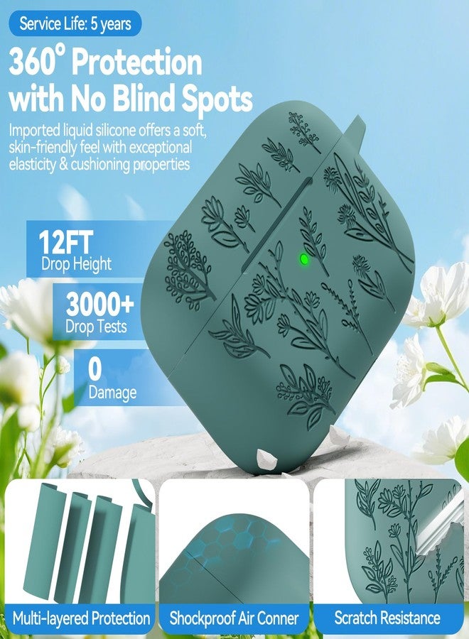 Ekoonpft Flower Engraved Case for Apple AirPods Pro 2 Gen,Soft Silicone Protective Cover for AirPods Pro 2nd/1st Generation Case Cute Airpod Case with Keychain for Women,Front LED Visible,Pine Green - Image 3
