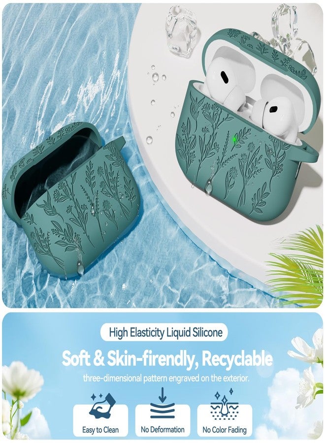 Ekoonpft Flower Engraved Case for Apple AirPods Pro 2 Gen,Soft Silicone Protective Cover for AirPods Pro 2nd/1st Generation Case Cute Airpod Case with Keychain for Women,Front LED Visible,Pine Green - Image 5