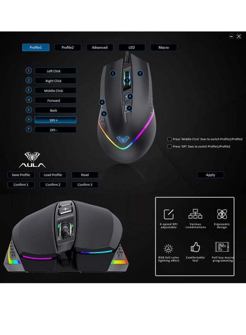 أولا ماوس الألعاب F805 RGB - دقة 6400 نقطة في البوصة - 7 أزرار قابلة للبرمجة (عبر البرنامج) - ماوس مريح | أسود - Image 2