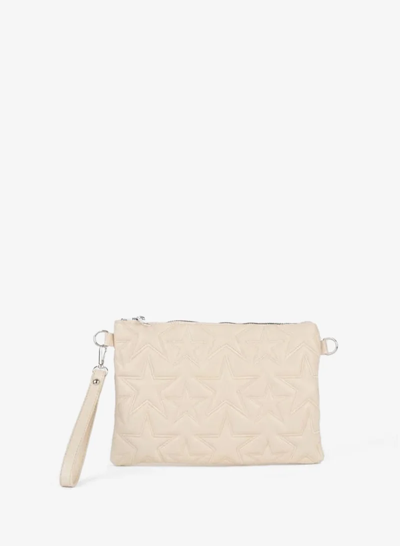 Women's Cream Star-Embroidered Faux Leather Wrist and Chain Strap Portfolio Hand and Clutch Bag.