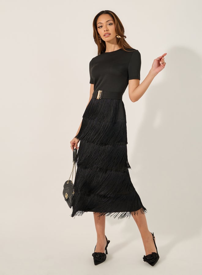 Styli Fringe Hem Detail Short Sleeves Sheath Midi Dress - Image 1
