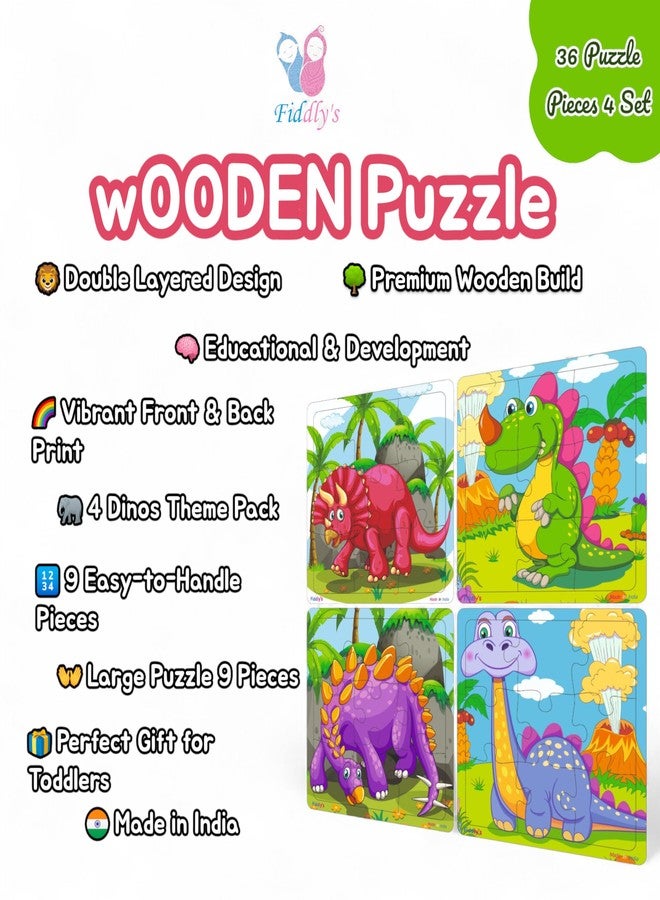 Fiddlys Wooden Jigsaw Puzzles for Kids & Children – 9 Pieces Each, Pack of 4|Double Layered Front & Back Print| Educational Toy for Boys & Girls Age 2 3 4 5 6 Year Old (Dinos Pack of 4) - Image 3