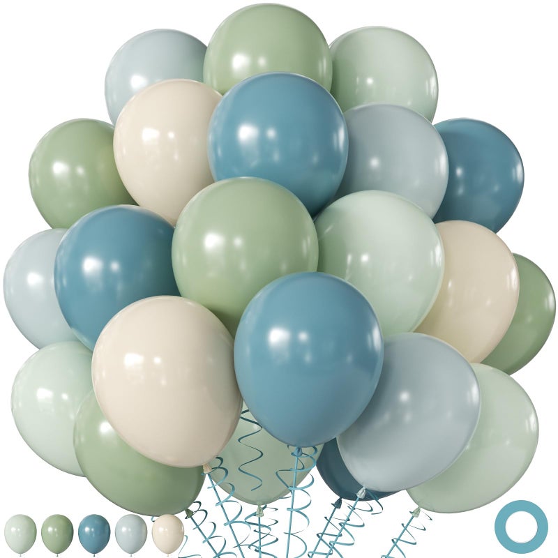JOYFLOAT Sage Green Dusty Blue Balloons, 60Pcs 12 Inch Sage green Dusty blue Light Green Blue Sand White Balloons for Boho Baby Shower Bridal Shower Gender Reveal Anniversary Birthday Party Decorations - Image 1