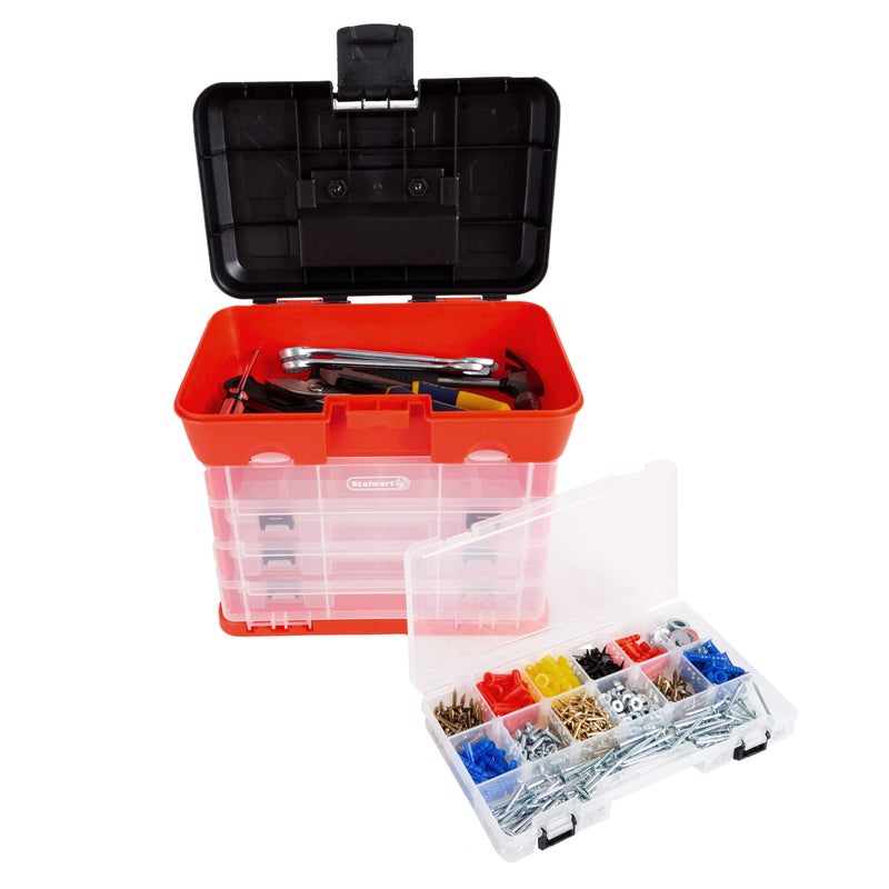 Stalwart Portable Tool Storage Box - Small Parts Organizer with 4 Multi-Compartment Trays for Fishing Tackle, Hand Tools, or Craft Supplies by Stalwart (Red) - Image 1