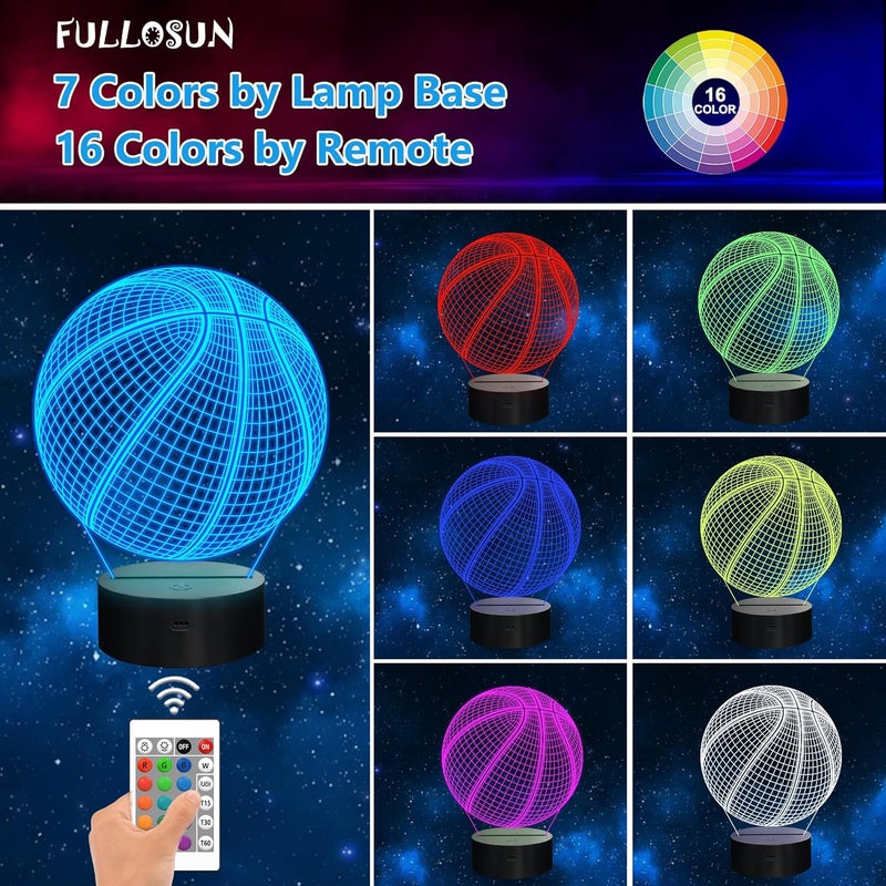 FULLOSUN Basketball 3D Night Light Birthday Gift Lamp, Light Up Basketball Gifts 3D Illusion Lamp with Remote Control 16 Colors Changing Sport Fan Room Decoration Boy Girl Room Idea - Image 3