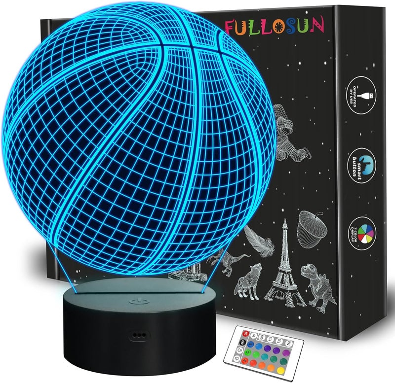 FULLOSUN Basketball 3D Night Light Birthday Gift Lamp, Light Up Basketball Gifts 3D Illusion Lamp with Remote Control 16 Colors Changing Sport Fan Room Decoration Boy Girl Room Idea - Image 1