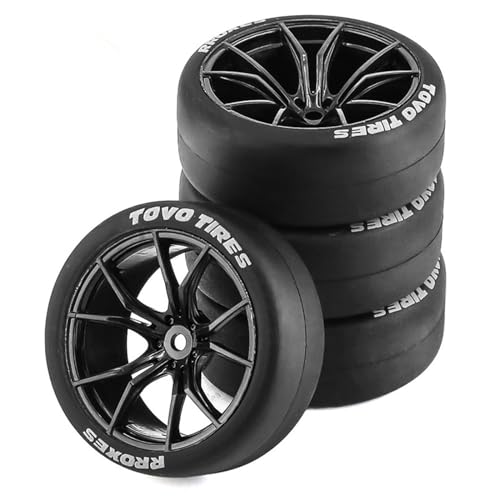 Chanmoo 1/10 RC Drift Tires and Plastic Wheels Rims Rally Racing Tyres 12mm Hex for 1:10 Scale On Road Touring Street Car Tamiya Traxxas HPI KYOSHO XV02 XV01 TT01 TT02 PTG2 A959 4PCS (A Black) - Image 1